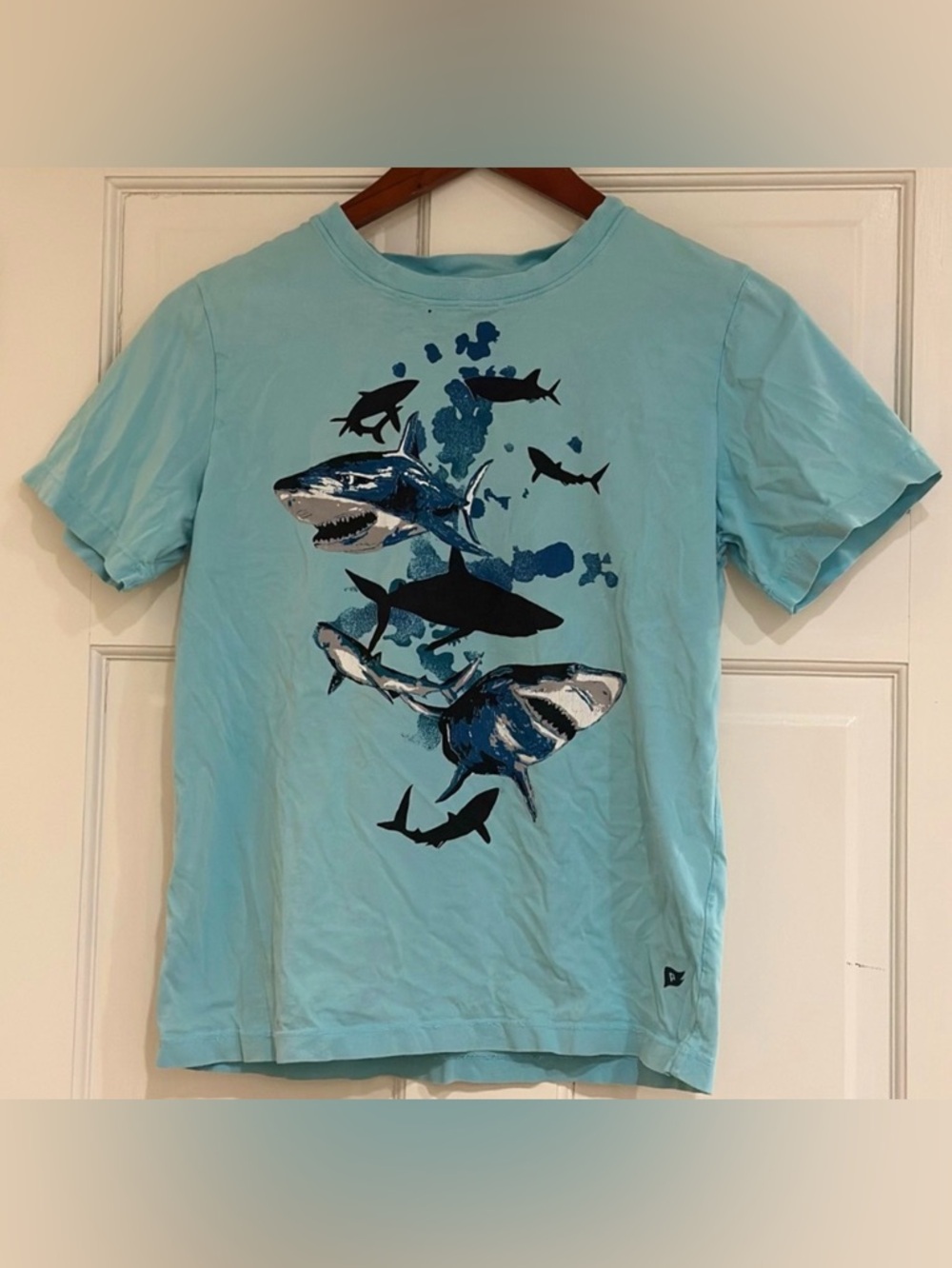 KIDS PEOAL DISTRESSED TEAL BLUE COTTON SHARK T-SHIRT - SIZE 12